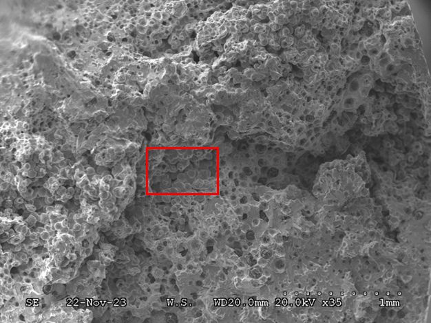 Aufnahme eines makroskopischen Lunkers von etwa 3x2mm Größe mit 35-facher Vergrößerung
